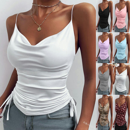 Women's Spaghetti Strap Tank Top V Neck Drawstring Camisole Tops