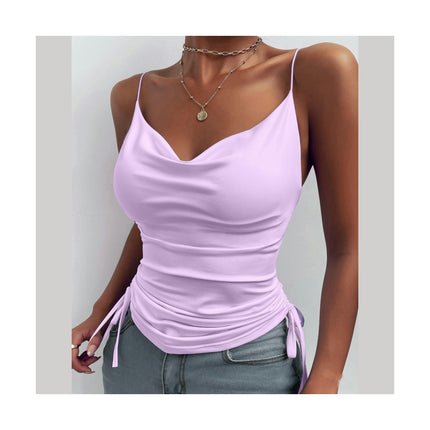 Women's Spaghetti Strap Tank Top V Neck Drawstring Camisole Tops