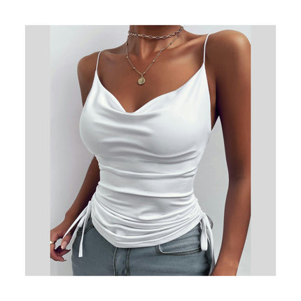 Women's Spaghetti Strap Tank Top V Neck Drawstring Camisole Tops