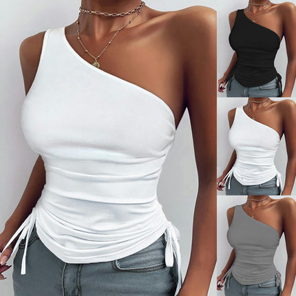 Women's One Shoulder Sleeveless Tank Top Drawstring Slim Tops