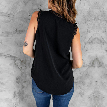 Women V Neck Lace Trim Tank Top Casual Loose Sleeveless Chiffon Camisole Top