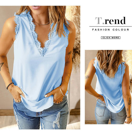 Women V Neck Lace Trim Tank Top Casual Loose Sleeveless Chiffon Camisole Top