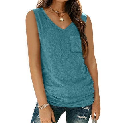 Women V Neck Tank Top Casual Loose Sleeveless Top with Pocket