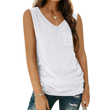 Women V Neck Tank Top Casual Loose Sleeveless Top with Pocket