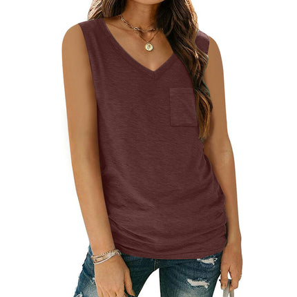 Women V Neck Tank Top Casual Loose Sleeveless Top with Pocket