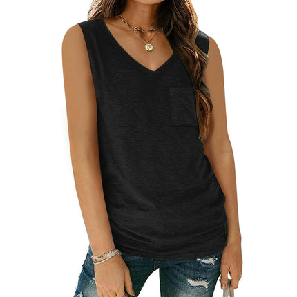 Women V Neck Tank Top Casual Loose Sleeveless Top with Pocket