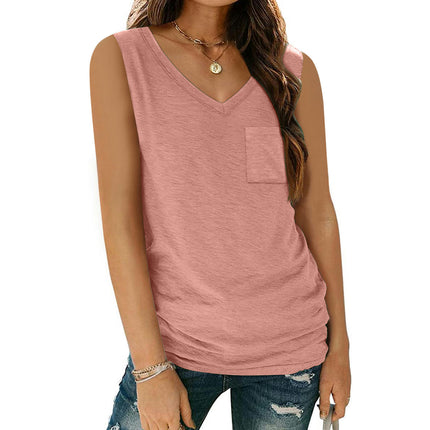 Women V Neck Tank Top Casual Loose Sleeveless Top with Pocket