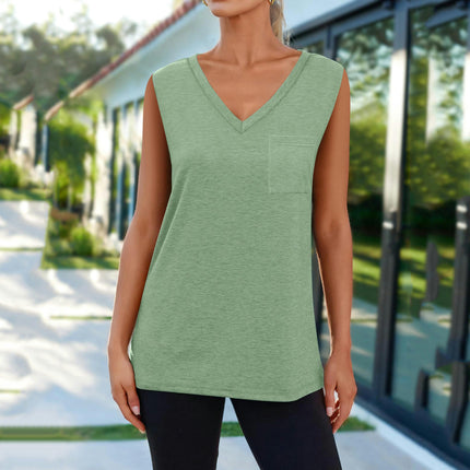 Women V Neck Tank Top Casual Loose Sleeveless Top with Pocket