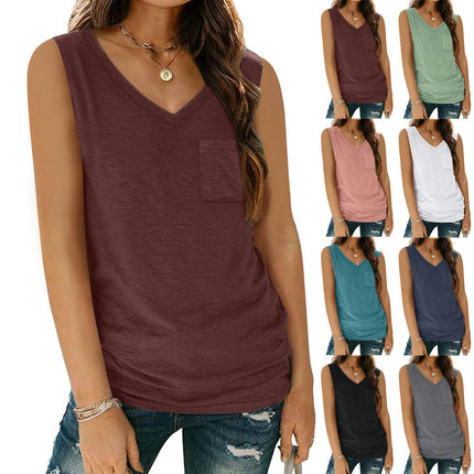 Women V Neck Tank Top Casual Loose Sleeveless Top with Pocket