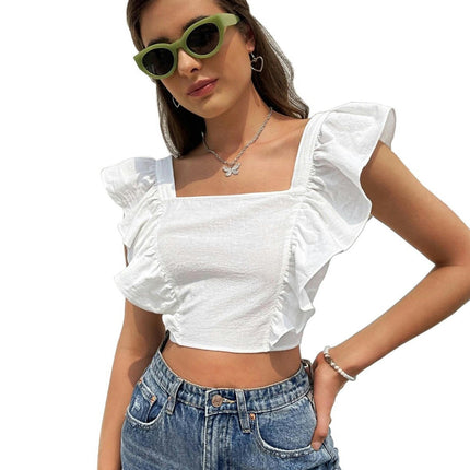 Women's Summer Sleeveless Tops Square Neck Ruffle Shirts Tank Top