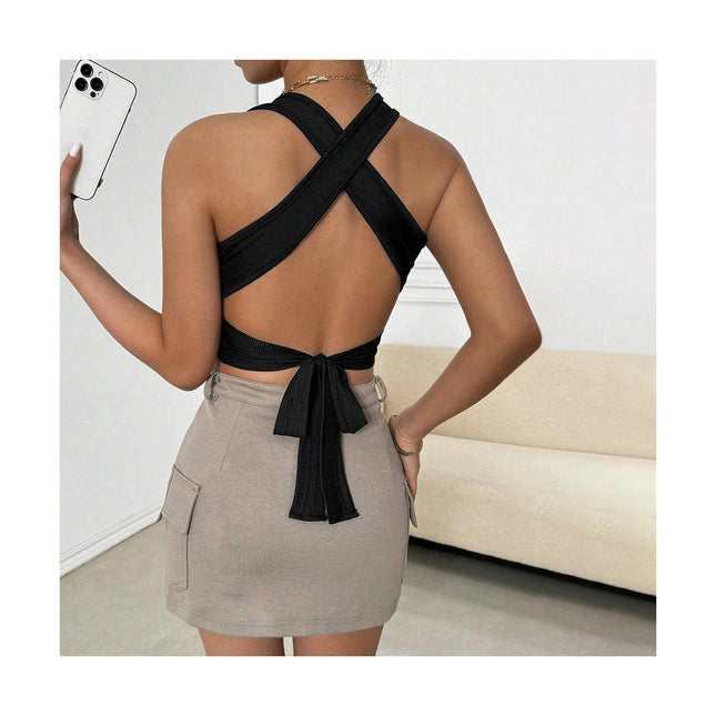 Women's Casual Sleeveless Square Neck Backless Tie Back Crop Tank Top