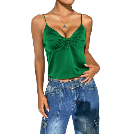 Womens Summer V Neck Satin Tank Tops Casual Spaghetti Strap Sleeveless Tops