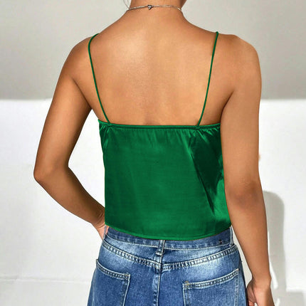 Womens Summer V Neck Satin Tank Tops Casual Spaghetti Strap Sleeveless Tops