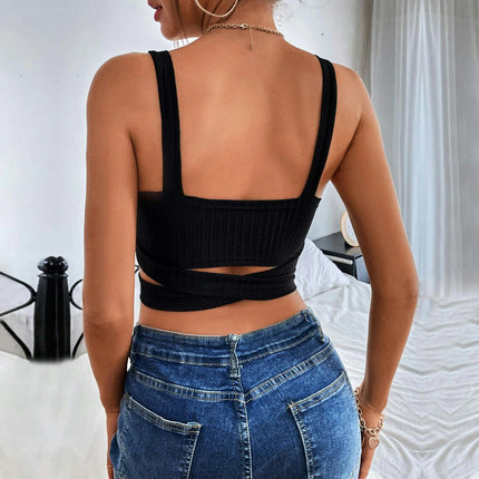 Women's Sexy Sleeveless Cut Out Crop Tops Square Neck Backless Tank Cami