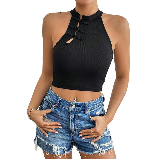 Women's Sleeveless Slim Fit Tank Tops Ribbed Knit Halter Neck Crop Tops