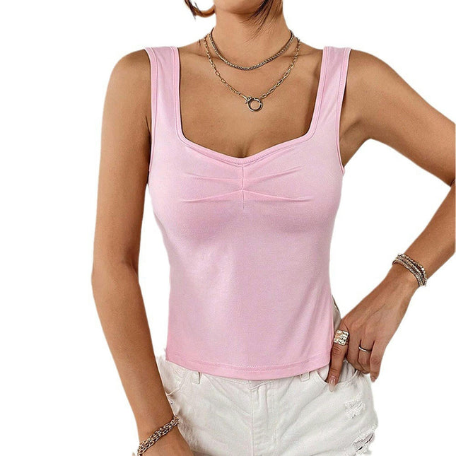 Women's Sleeveless Slim Crop Tank Top Pleated Sweetheart Neck Slits Cropped Cami