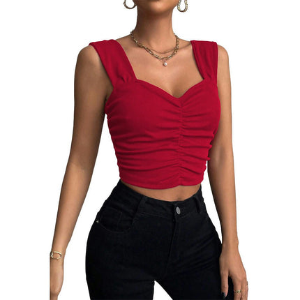 Women's Sleeveless Slim Crop Tank Top Pleated Sweetheart Neck Tops