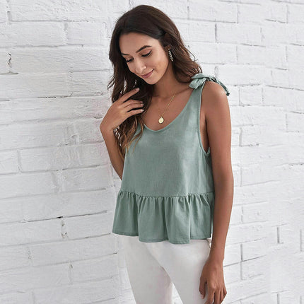 Women's Tie Shoulder Ruffle Hem Sleeveless Strappy Cami Blouse Peplum Top