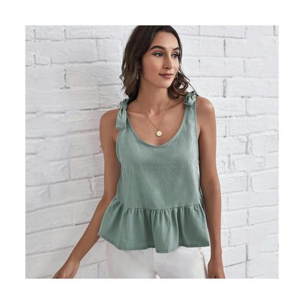 Women's Tie Shoulder Ruffle Hem Sleeveless Strappy Cami Blouse Peplum Top