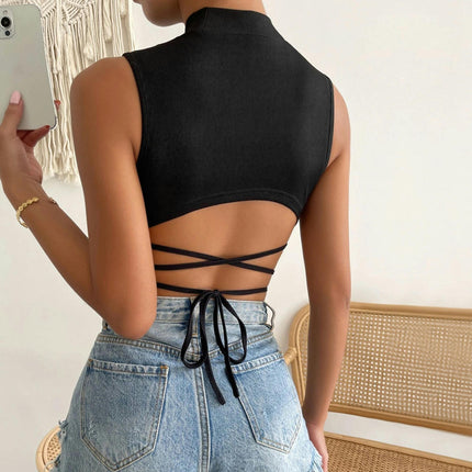 Women's High Neck Tie Fitted Crop Top Summer Sleeveless Tank Tops