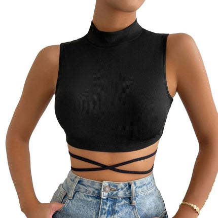 Women's High Neck Tie Fitted Crop Top Summer Sleeveless Tank Tops