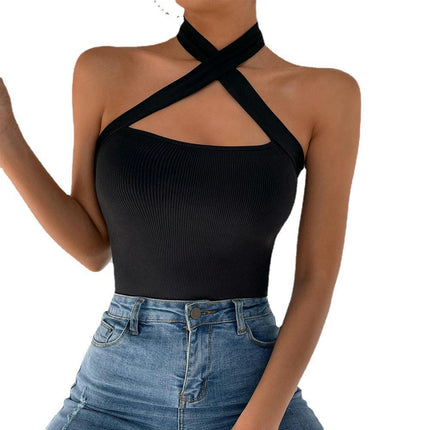 Women's Cut Out Criss Cross Tie Neck Halter Top Sleeveless Ribbed Knit Tops