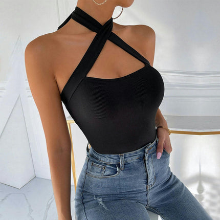 Women's Cut Out Criss Cross Tie Neck Halter Top Sleeveless Ribbed Knit Tops