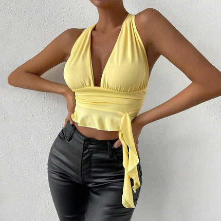 Women's Deep V Neck Halter Top Tie Back Backless Sleeveless Ruffle Hem Cami Tops