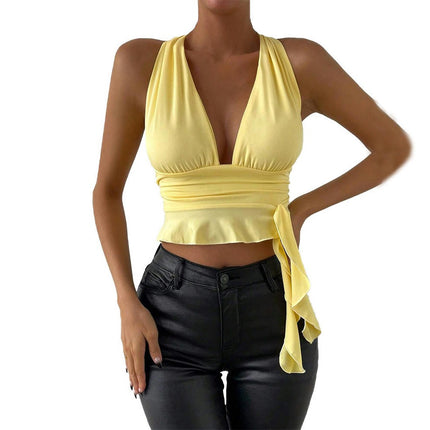 Women's Deep V Neck Halter Top Tie Back Backless Sleeveless Ruffle Hem Cami Tops