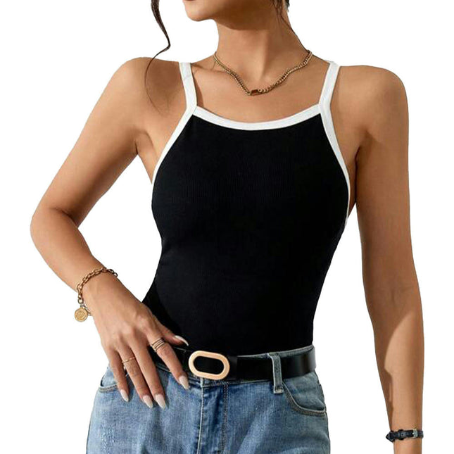 Womens Colorblock Crew Neck Casual Spaghetti Strap Ribbed Fitted Sleeveless Tank Top