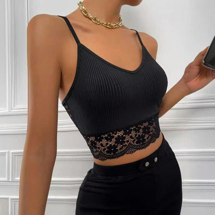 Women Summer Cami Tank Top Spaghetti Strap Lace Trim V Neck Sleeveless Crop Top