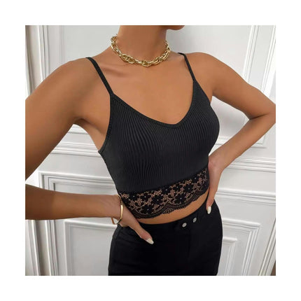 Women Summer Cami Tank Top Spaghetti Strap Lace Trim V Neck Sleeveless Crop Top