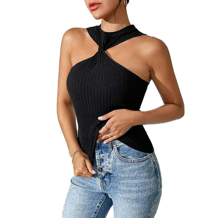 Women's Sleeveless Halter Twist Front Crop Top Slim Fit Ribbed Knit Tank Tops