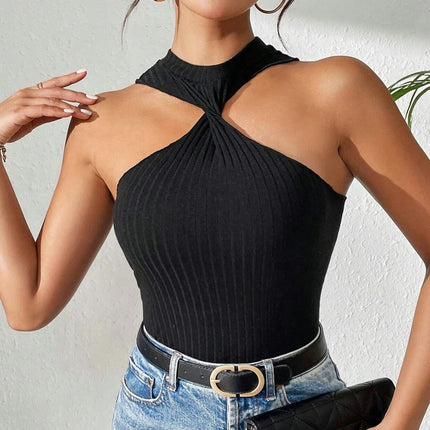 Women's Sleeveless Halter Twist Front Crop Top Slim Fit Ribbed Knit Tank Tops