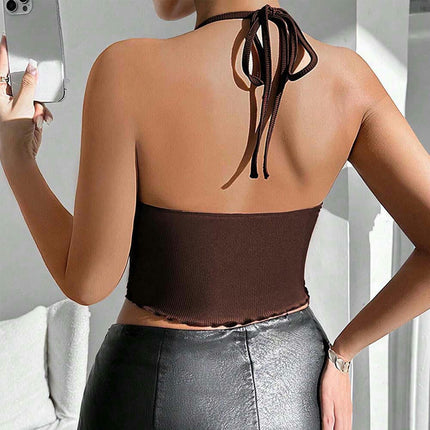 Women Halter Tie Ribbed Sleeveless Ruched Summer Sexy Tank Tops