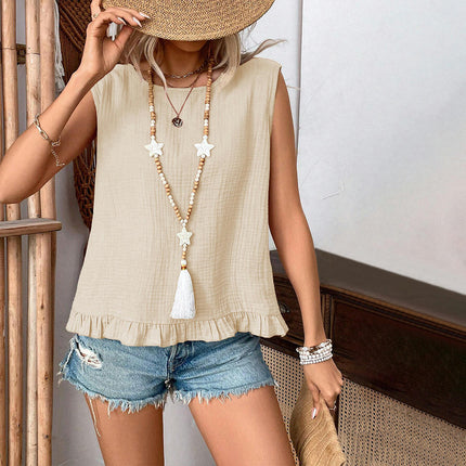 Womens Summer Sleeveless Crewneck Ruffled Hem Slit Back Casual Tank Tops