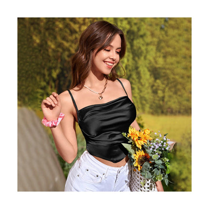 Women Satin Crop Tank Top Spaghetti Strap Camisole Sleeveless Summer Top