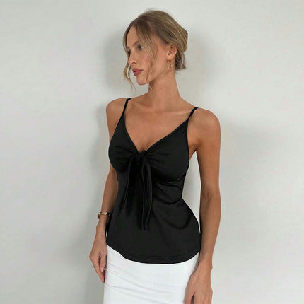 Women's Tie Front Tank Top Backless Deep V Neck Spaghetti Strap Top