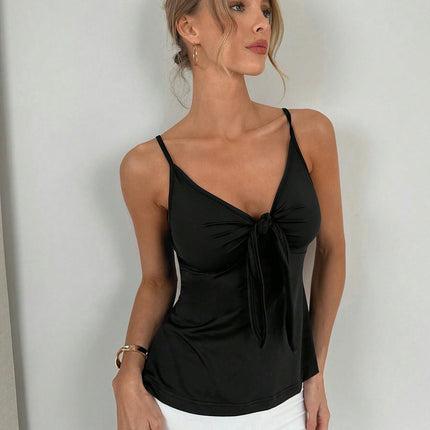 Women's Tie Front Tank Top Backless Deep V Neck Spaghetti Strap Top