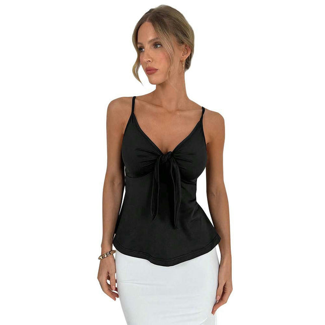 Women's Tie Front Tank Top Backless Deep V Neck Spaghetti Strap Top