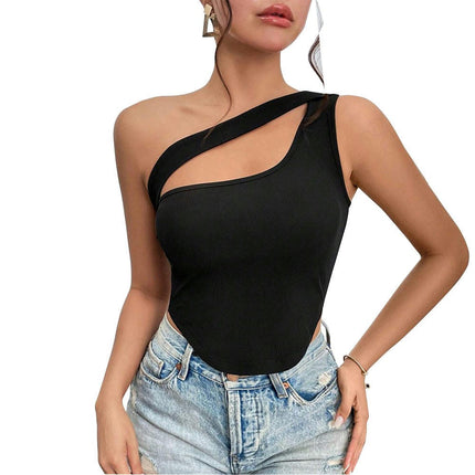 Women's One Shoulder Sleeveless Cutout Asymmetrical Hem Tank Top