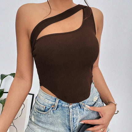 Women's One Shoulder Sleeveless Cutout Asymmetrical Hem Tank Top