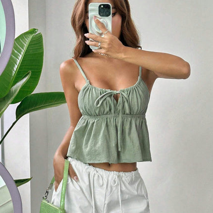 Women's Tie Front Backless Crop Top Spaghetti Strap Ruffle Hem Cami Tanks