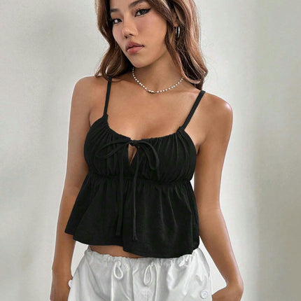 Women's Tie Front Backless Crop Top Spaghetti Strap Ruffle Hem Cami Tanks