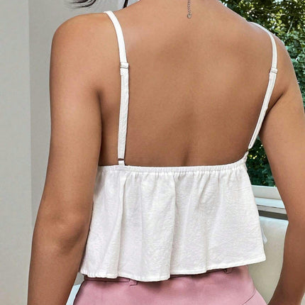 Women's Tie Front Backless Crop Top Spaghetti Strap Ruffle Hem Cami Tanks