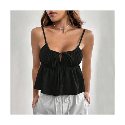 Women's Tie Front Backless Crop Top Spaghetti Strap Ruffle Hem Cami Tanks