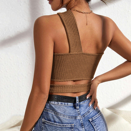 Womens Summer One Shoulder Tank Tops Ribbed Knit Sleeveless Cut Out Slim Crop Tops