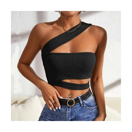 Womens Summer One Shoulder Tank Tops Ribbed Knit Sleeveless Cut Out Slim Crop Tops