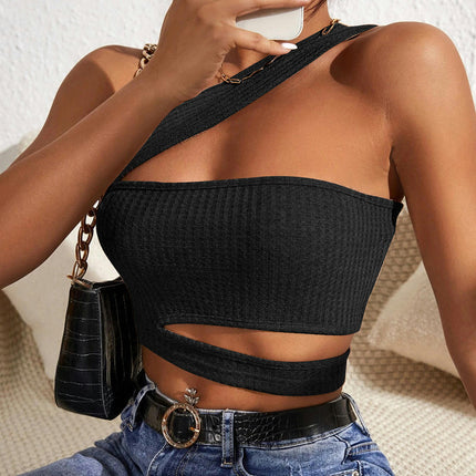 Womens Summer One Shoulder Tank Tops Ribbed Knit Sleeveless Cut Out Slim Crop Tops