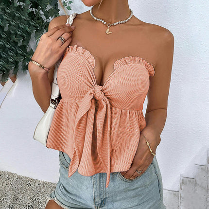 Tie Front Tube Top for Women Sexy Strapless Bandeau Cropped Tops Ruffle Hem Tank Tops